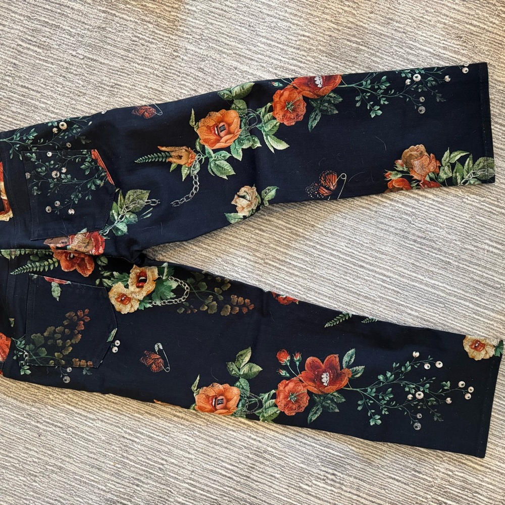 R13 Black Jean with Fun Multicolor Floral Print - Picture 4 of 13